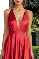 Load image into Gallery viewer, Red A Line Deep V-Neck Satin Long Prom Dress with Slit