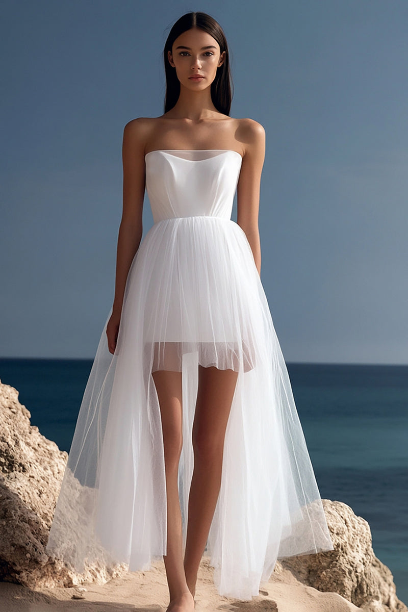 Queendancer Women White High-Low Tulle Graduation Dress Pleated Strapless Little White Dress – queendancer
