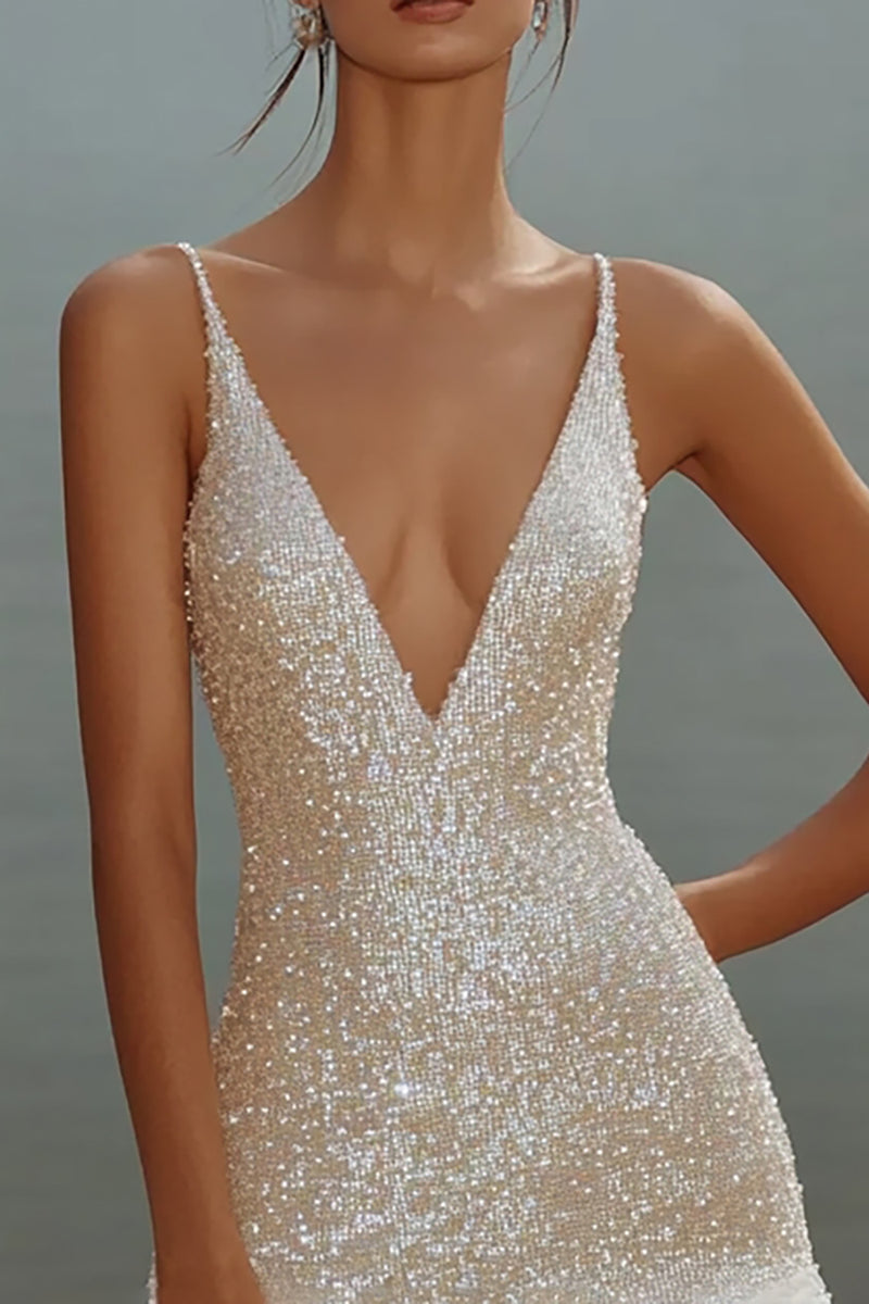 Load image into Gallery viewer, Sparkly White Bodycon Sequins V-Neck Graduation Dress