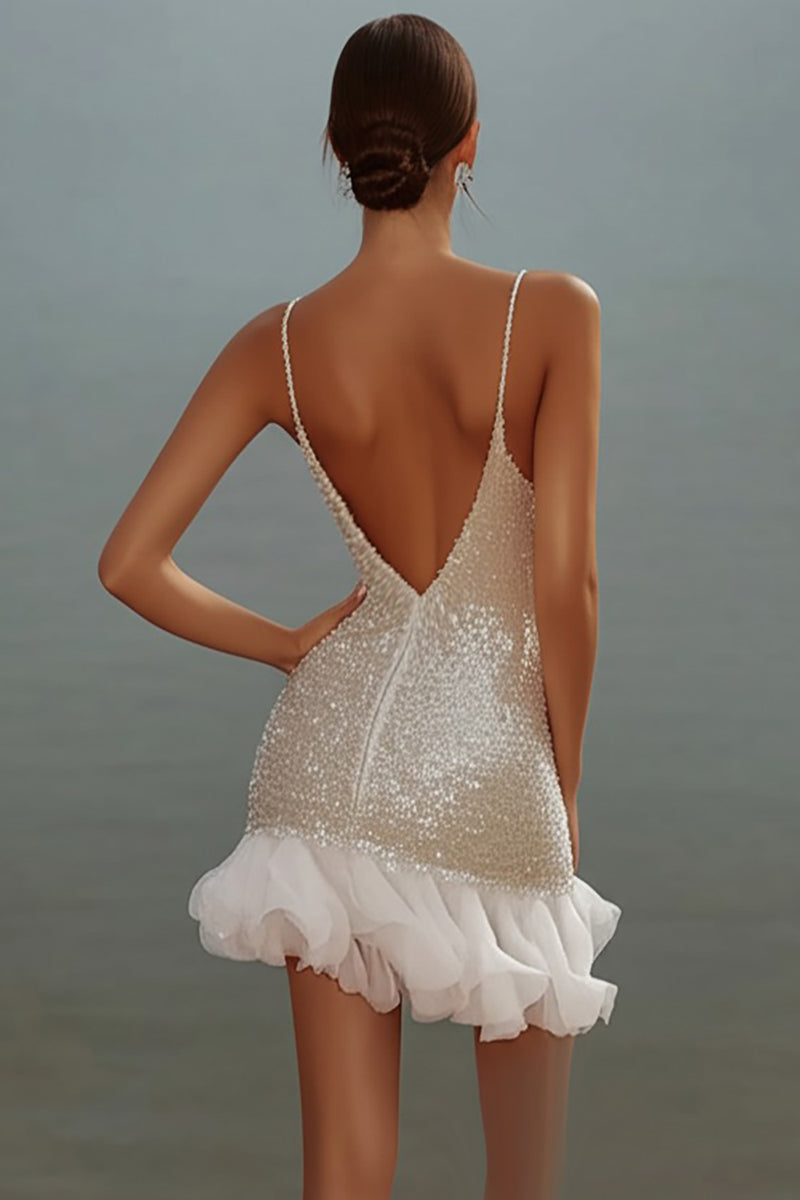 Load image into Gallery viewer, Sparkly White Bodycon Sequins V-Neck Graduation Dress
