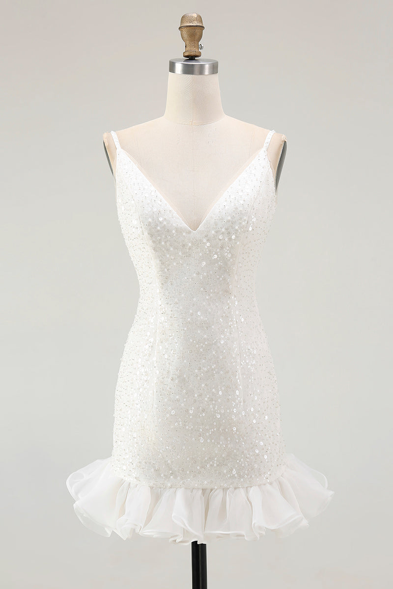 Load image into Gallery viewer, Sparkly White Bodycon Sequins V-Neck Graduation Dress