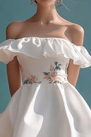 Load image into Gallery viewer, White Mini Satin Off the Shoulder Graduation Dress with Ruffles