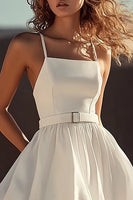 Load image into Gallery viewer, White Satin Mini Spaghetti Straps Graduation Dress with Ruffles