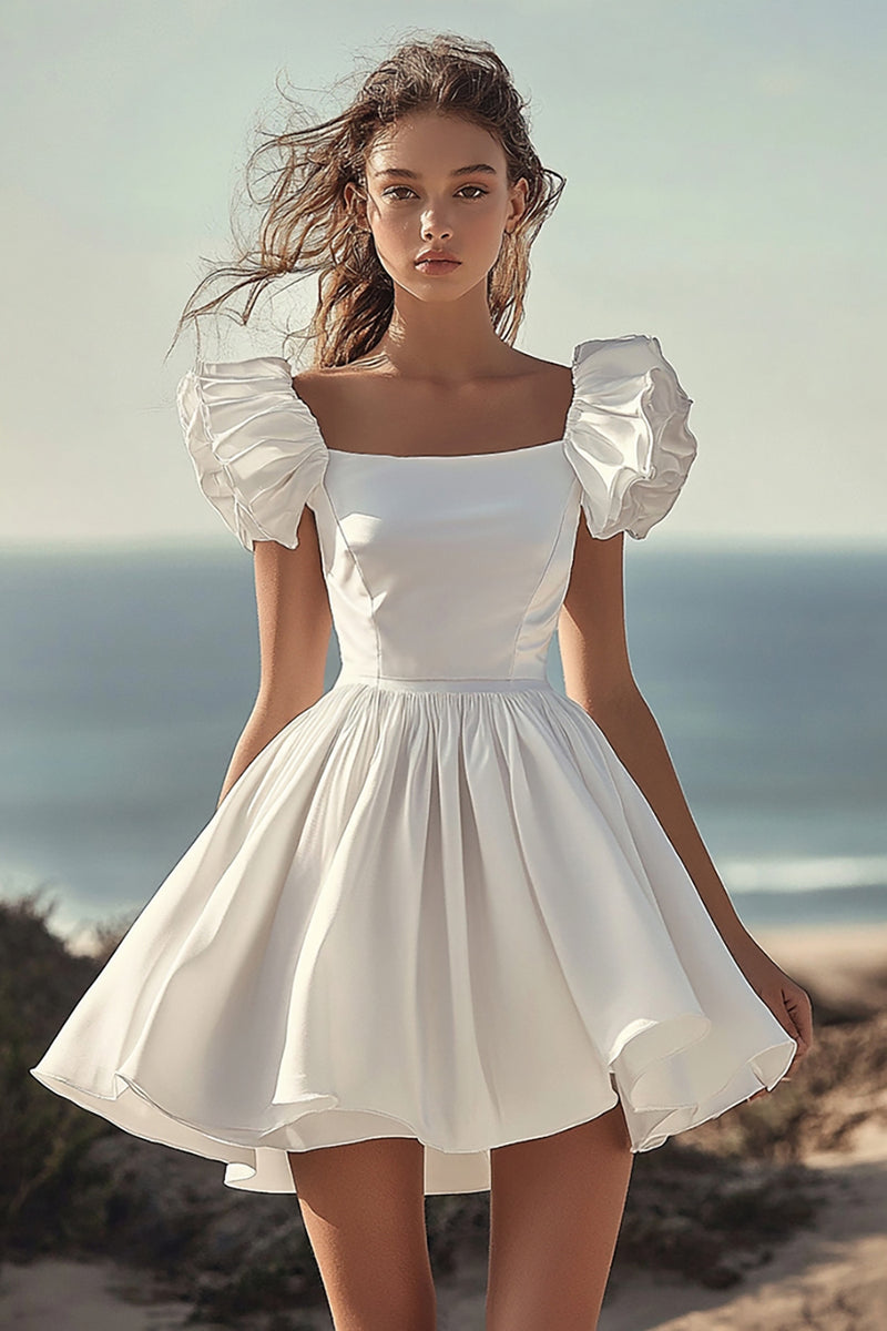 Load image into Gallery viewer, White Satin Mini Graduation Dress with Ruffles
