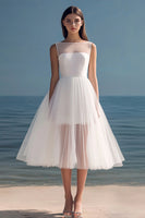 Load image into Gallery viewer, White Tulle Midi Pleated Rehearsal Dinner Dress