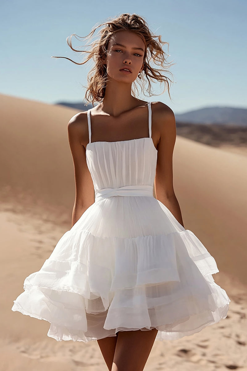 Load image into Gallery viewer, White Organza A Line Spaghetti Straps Pleated Mini Graduation Dress