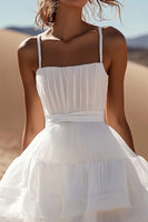 Load image into Gallery viewer, White Organza A Line Spaghetti Straps Pleated Mini Graduation Dress