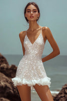 Load image into Gallery viewer, Sparkly White Sequins Mini V-Neck Graduation Dress with Ruffles