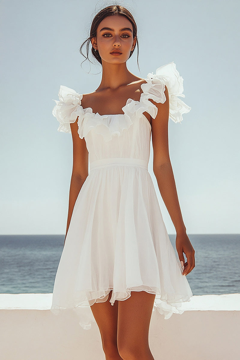 Load image into Gallery viewer, White Chiffon Mini Pleated Ruffled Graduation Dress