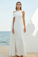 Load image into Gallery viewer, Chiffon Dusty Blue Asymmetrical Sheath Rehearsal Dinner Dress