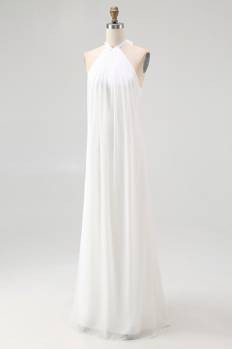 Load image into Gallery viewer, White A Line Halter Pleated Chiffon Long Rehearsal Dinner Dress