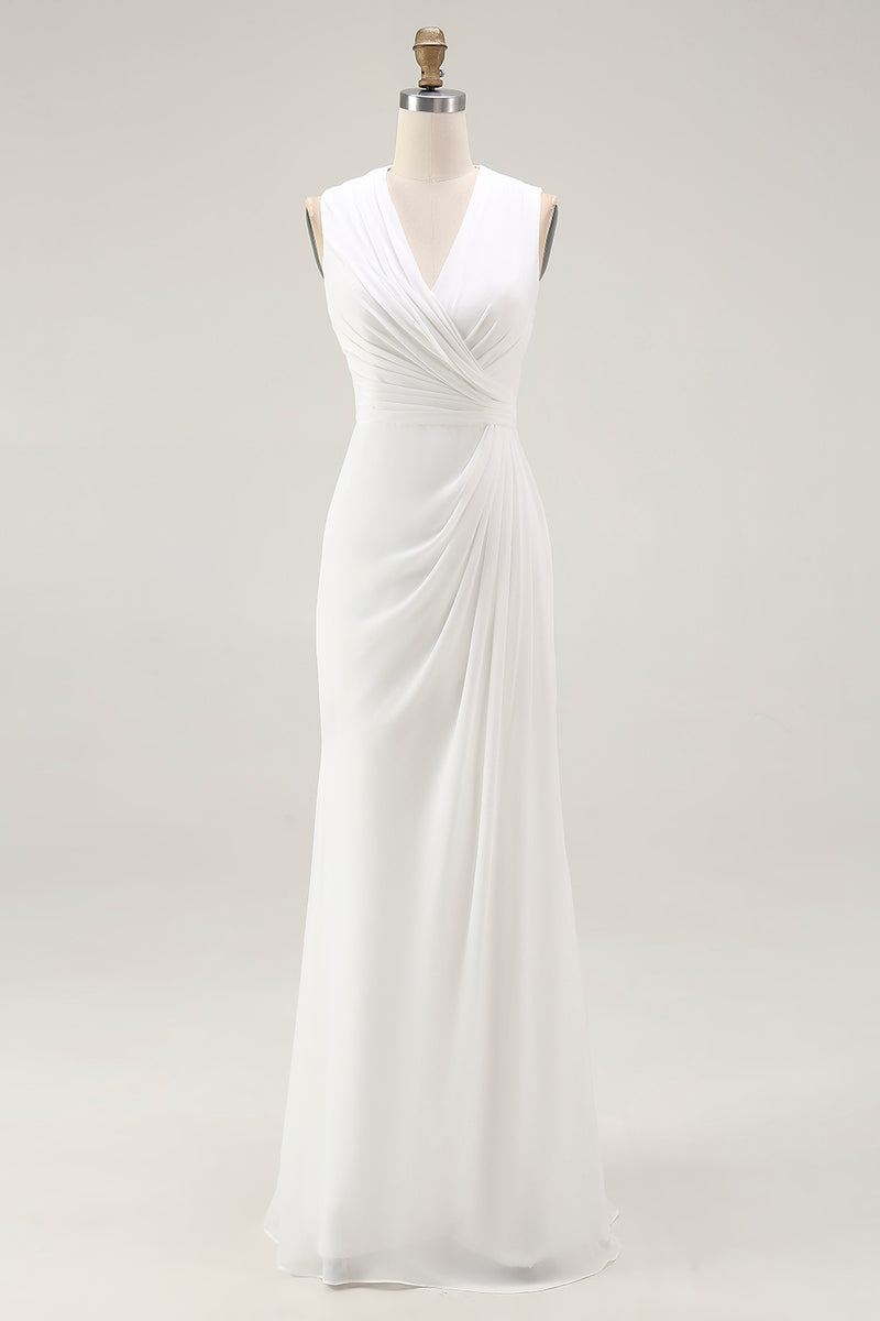 Load image into Gallery viewer, White Chiffon Sheath Ruched V-Neck Long Rehearsal Dinner Dress
