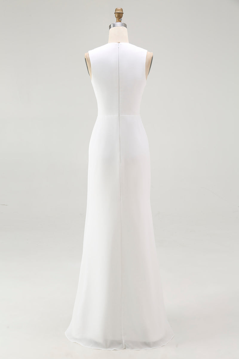 Load image into Gallery viewer, White Chiffon Sheath Ruched V-Neck Long Rehearsal Dinner Dress