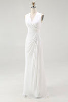 Load image into Gallery viewer, White Chiffon Sheath Ruched V-Neck Long Rehearsal Dinner Dress