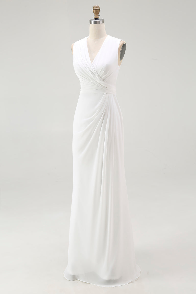 Load image into Gallery viewer, White Chiffon Sheath Ruched V-Neck Long Rehearsal Dinner Dress