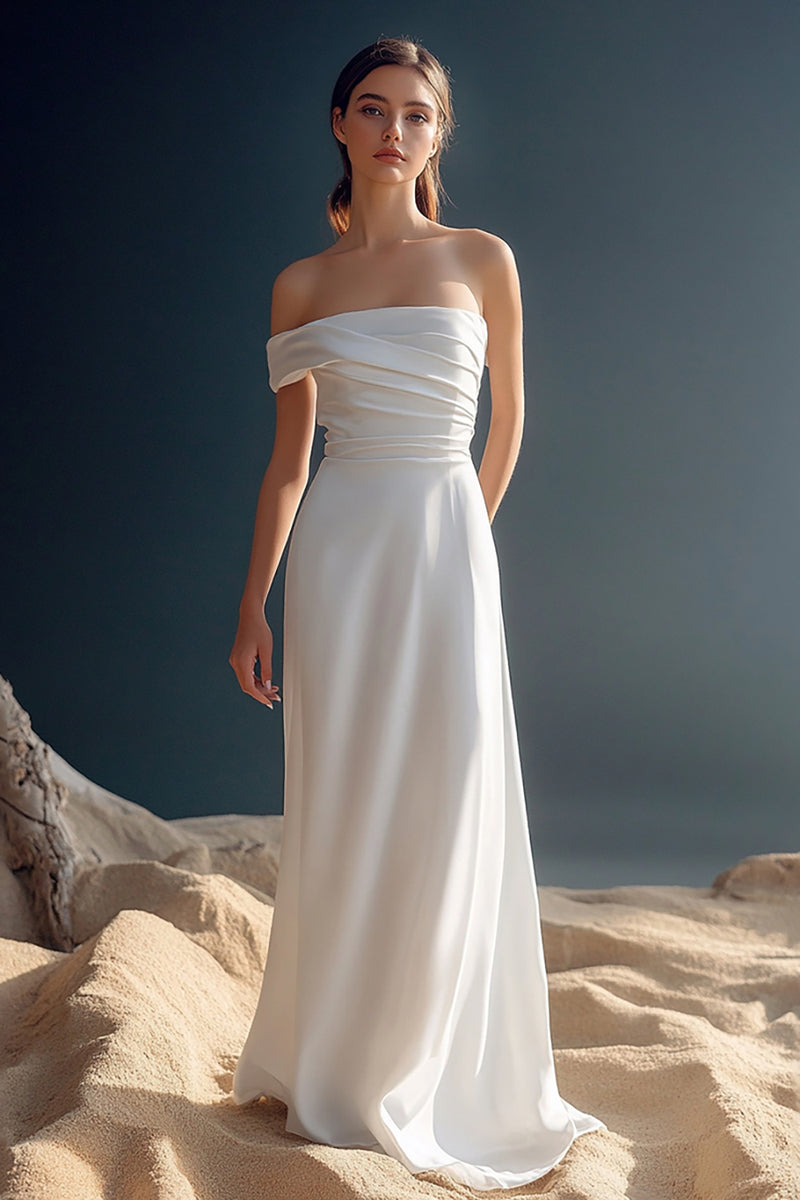 Load image into Gallery viewer, White Satin A Line One Shoulder Ruched Rehearsal Dinner Dress