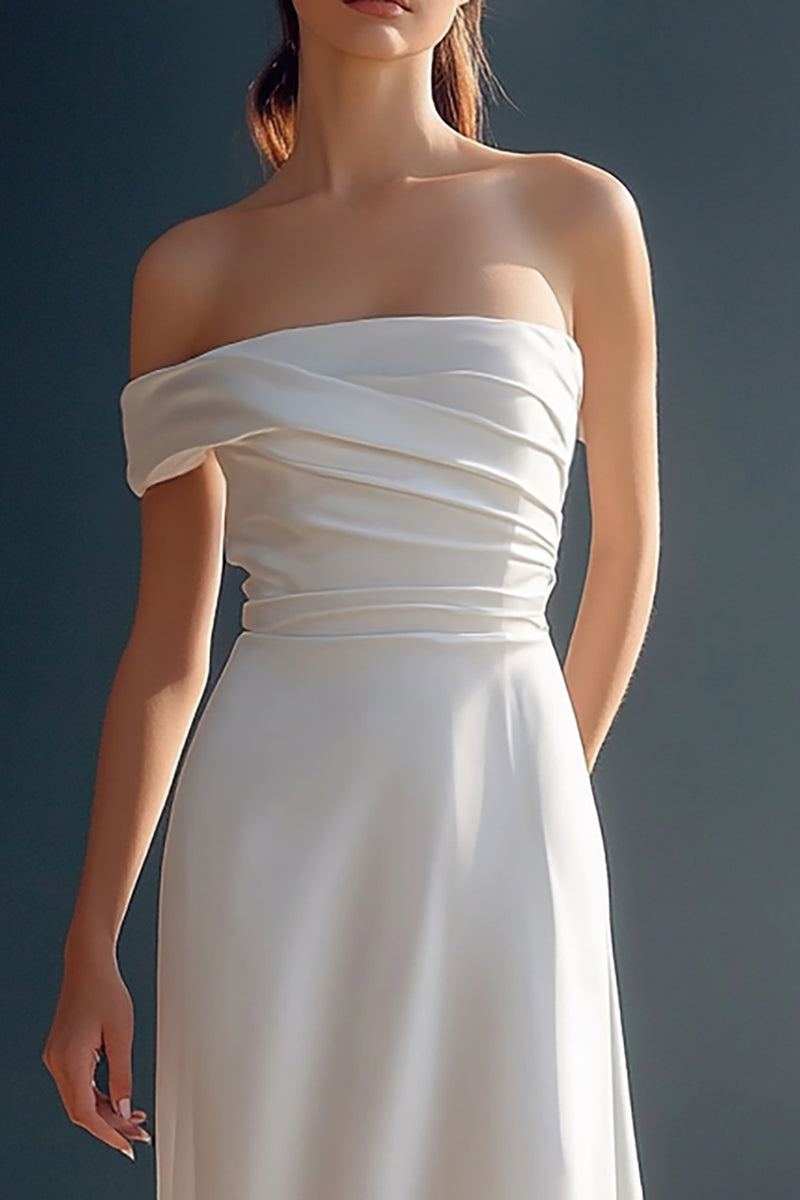 Load image into Gallery viewer, White Satin A Line One Shoulder Ruched Rehearsal Dinner Dress