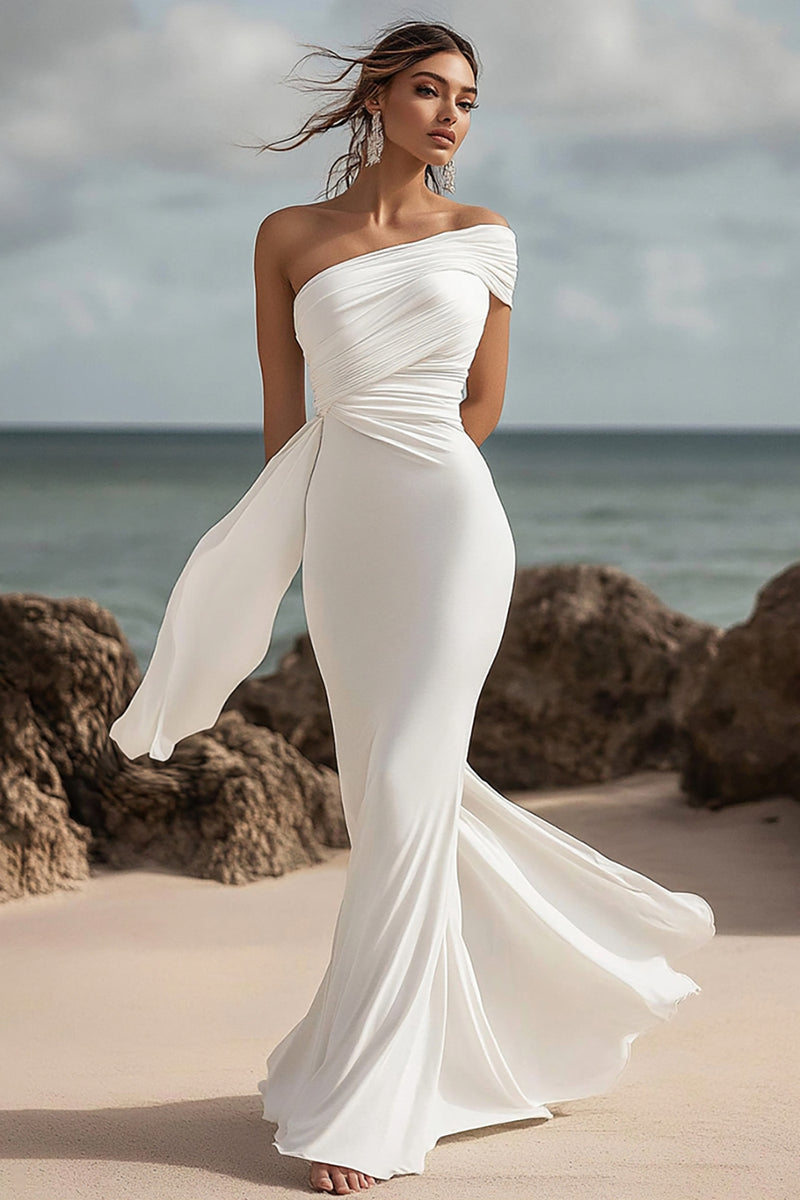 Load image into Gallery viewer, White Chiffon Mermaid One Shoulder Ruched Rehearsal Dinner Dress