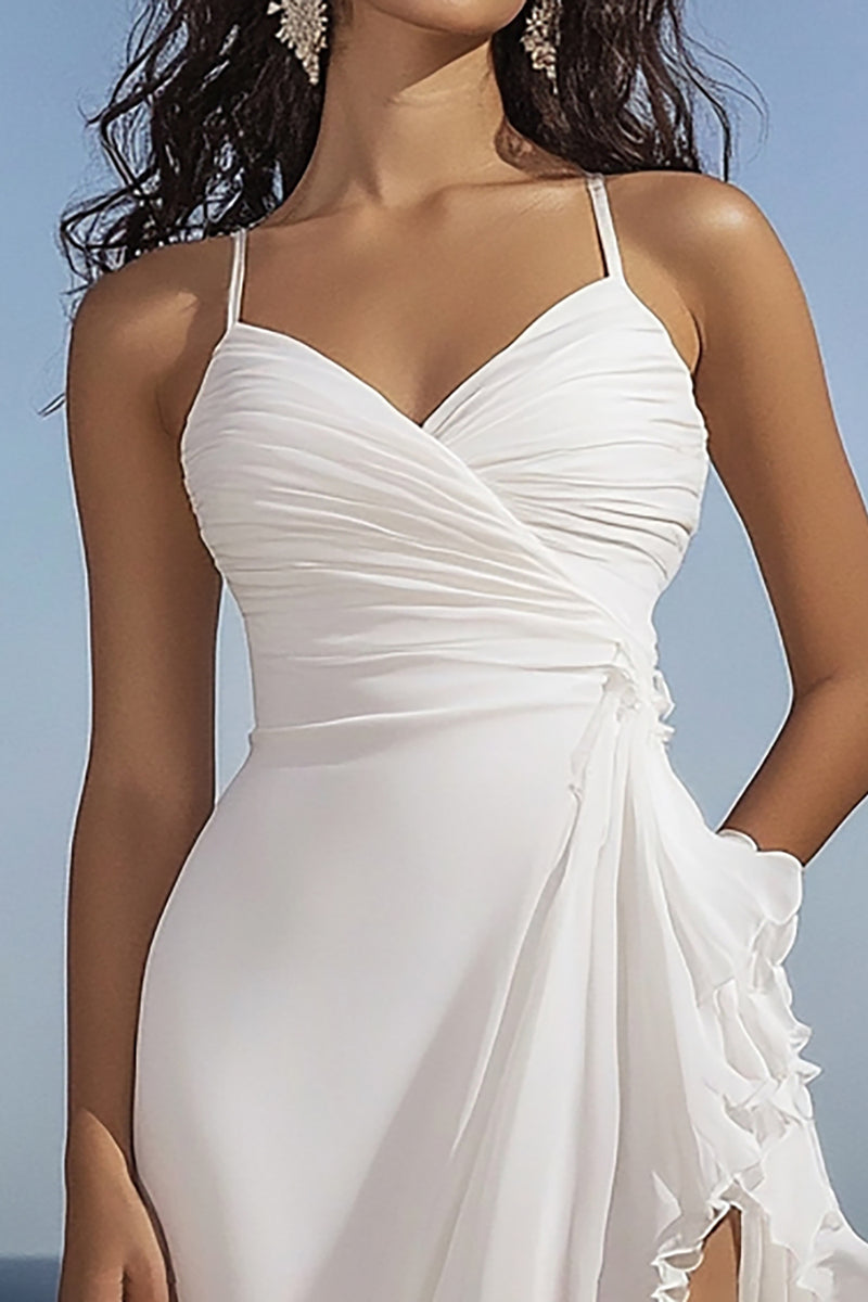 Load image into Gallery viewer, White Chiffon V-Neck Ruched High-Low Rehearsal Dinner Dress with Ruffles