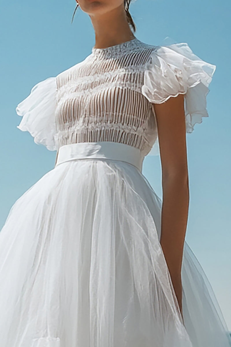 Load image into Gallery viewer, White Tulle Midi Graduation Dress with Ruffles