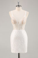 Load image into Gallery viewer, Sparkly White Sequins Mini V-Neck Graduation Dress