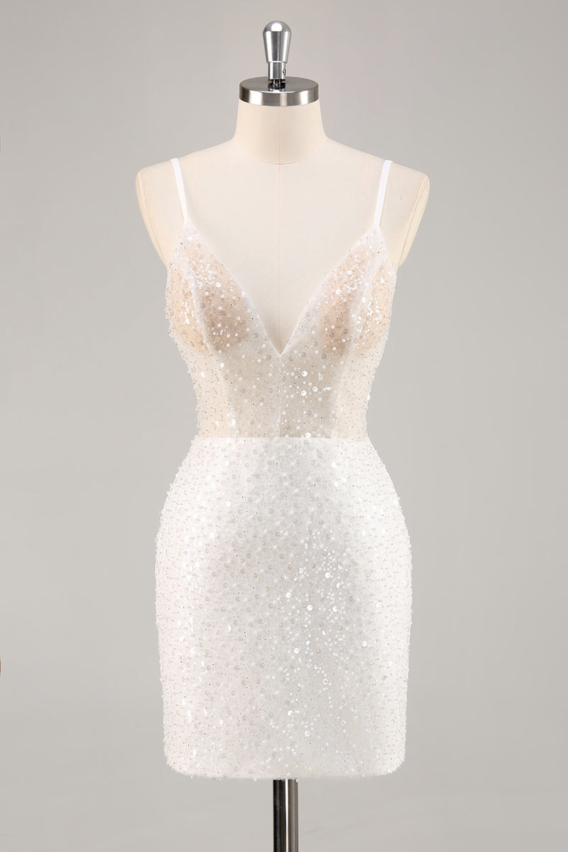Load image into Gallery viewer, Sparkly White Sequins Mini V-Neck Graduation Dress