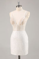 Load image into Gallery viewer, Sparkly White Sequins Mini V-Neck Graduation Dress