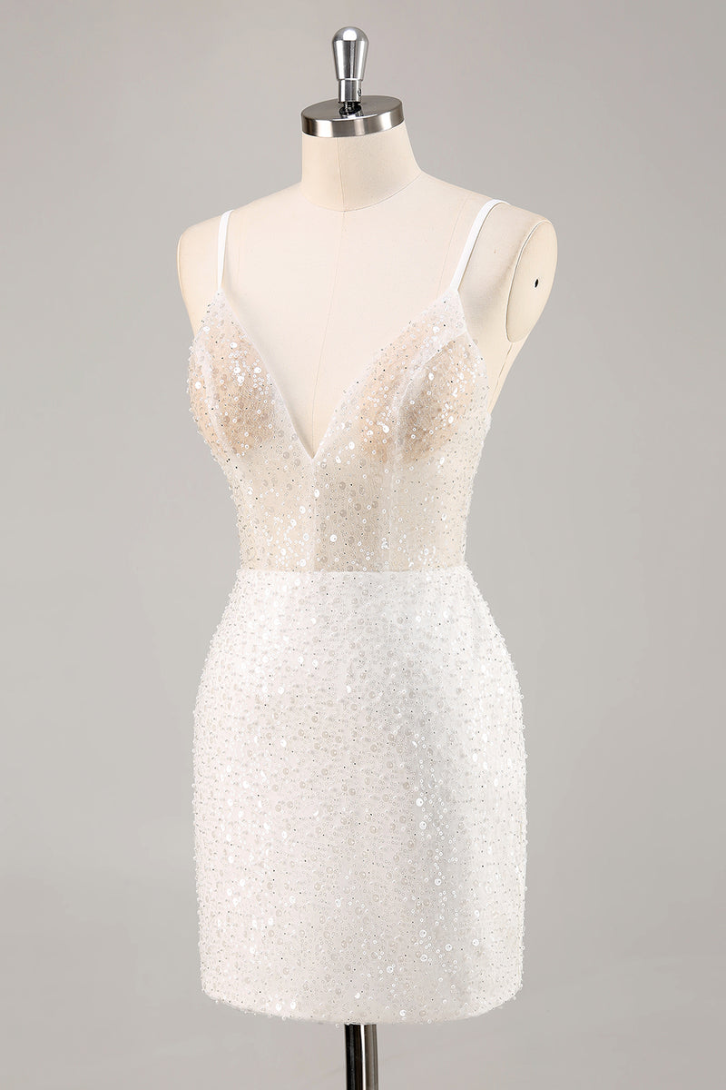 Load image into Gallery viewer, Sparkly White Sequins Mini V-Neck Graduation Dress