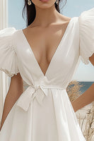 Load image into Gallery viewer, White Chiffon Mini V-Neck Ruffled Graduation Dress