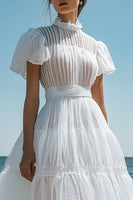 Load image into Gallery viewer, White Tulle Midi Pleated Graduation Dress with Ruffles