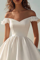 Load image into Gallery viewer, White Satin Midi Off the Shoulder Graduation Dress