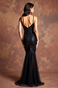 Sparkly Black Sheath Sequins V-Neck Long Formal Dress with Slit