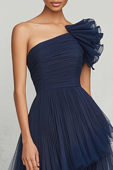 Navy A Line One Shoulder Tulle Long Formal Dress with Ruffles