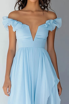 Sky Blue High Low Chiffon A Line Formal Dress with Ruffles