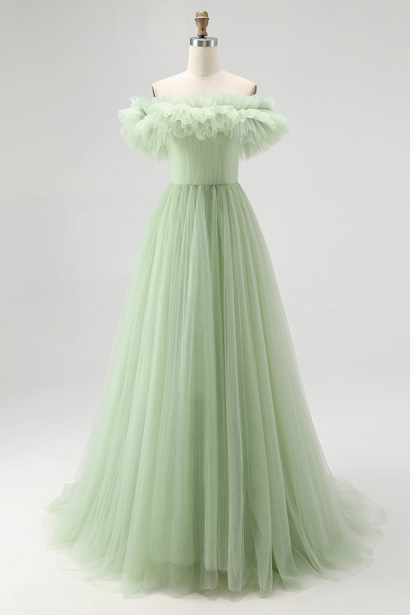 Load image into Gallery viewer, Dusty Sage Tulle A Line Off The Shoulder Long Formal Dress with Ruffles