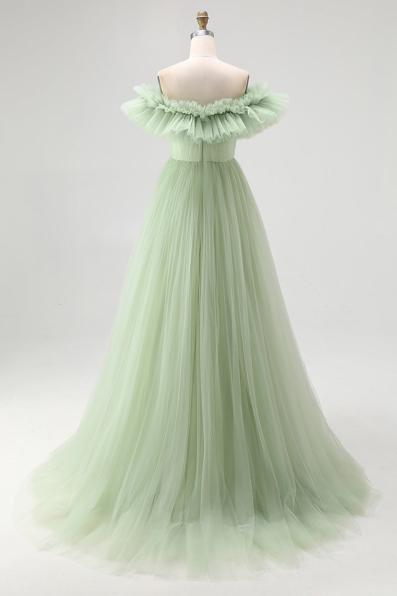 Load image into Gallery viewer, Dusty Sage Tulle A Line Off The Shoulder Long Formal Dress with Ruffles