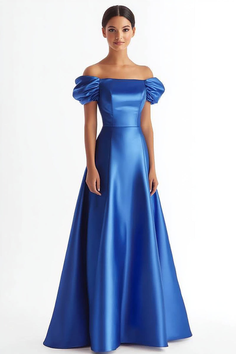 Sexy A line One Shoulder Satin Royal Blue Long Prom Dresses With Ruffles main image 0