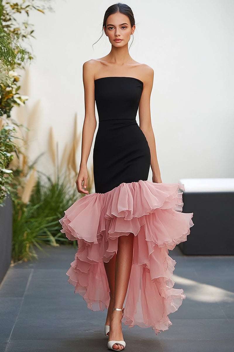 Load image into Gallery viewer, Black&Pink Sheath Strapless Long Formal Dress with Ruffles