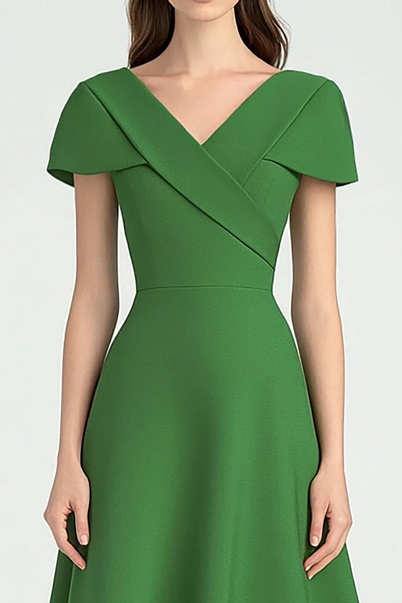 Queendancer Women Green A Line Ankle-Length Semi-Formal Dress V-Neck Cap  Sleeves Satin Work Dress  queendancer