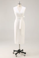 Load image into Gallery viewer, White Satin Bodycon V-Neck Mid-Calf Work Dress with Slit