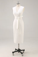 Load image into Gallery viewer, White Satin Bodycon V-Neck Mid-Calf Work Dress with Slit