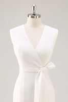 Load image into Gallery viewer, White Satin Bodycon V-Neck Mid-Calf Work Dress with Slit