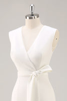 Load image into Gallery viewer, White Satin Bodycon V-Neck Mid-Calf Work Dress with Slit