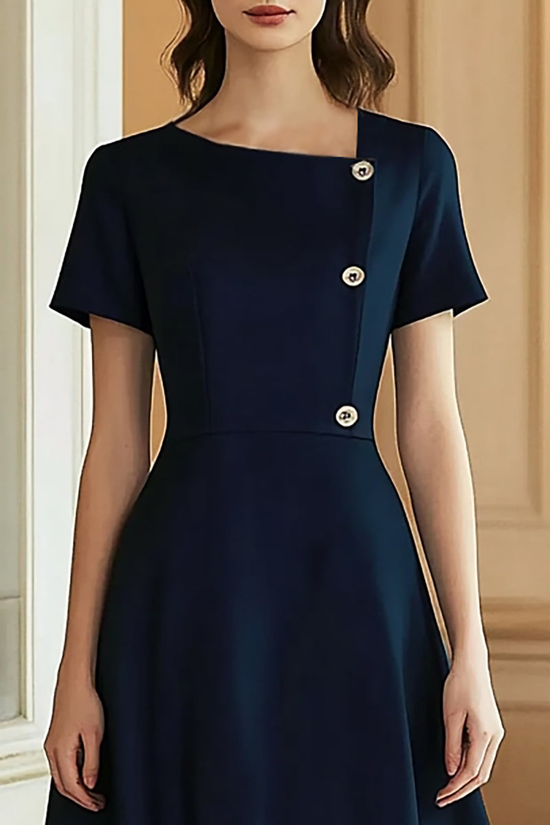 Queendancer Women Navy A Line Satin Midi Semi Formal Dress with Buttons
