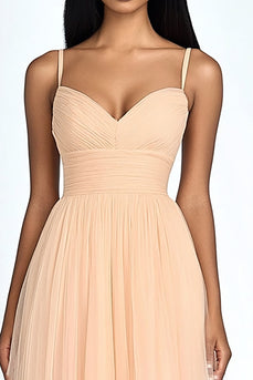 Peach Tulle A Line Pleated Long Wedding Guest Dress