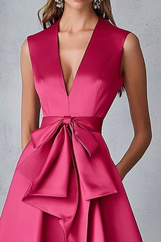 Fuchsia Deep V-Neck A Line Mid-Calf Wedding Guest Dress with Bow