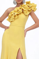 Load image into Gallery viewer, Yellow Sheath Satin Ruffled Long Wedding Guest Dress with Slit