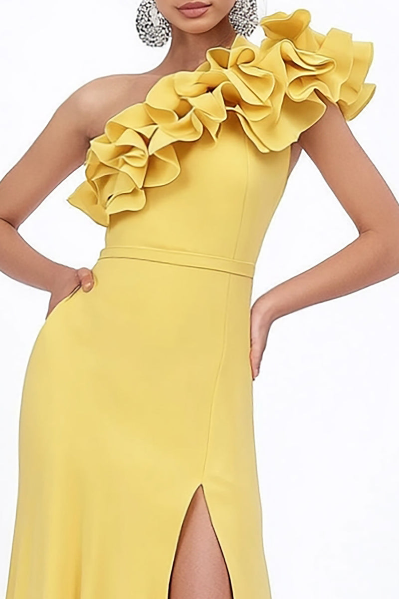 Load image into Gallery viewer, Yellow Sheath Satin Ruffled Long Wedding Guest Dress with Slit