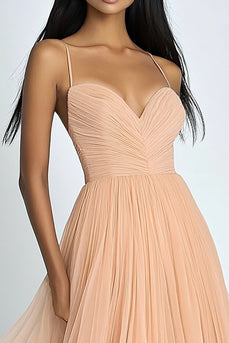 Peach A Line Pleated Long Wedding Guest Dress
