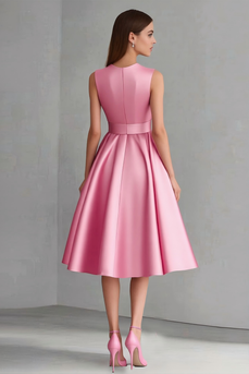 Pink Satin A Line Midi Wedding Guest Dress with Bow